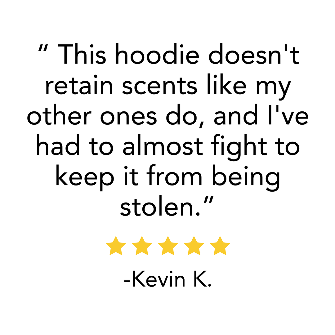 A five-star review reads, "This hoodie doesn't retain scents like my other ones do, and I've had to almost fight to keep it from being stolen." #color_black