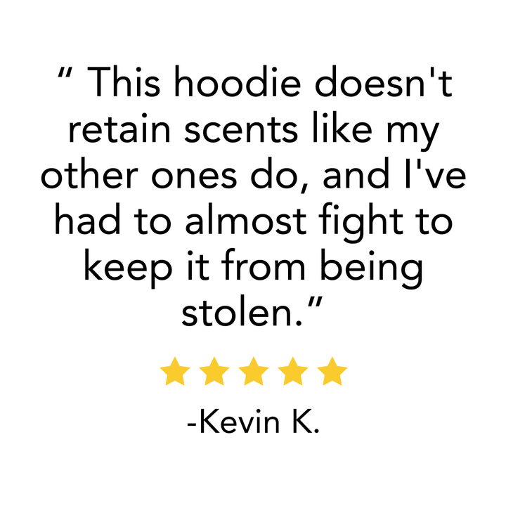 A five-star review reads, "This hoodie doesn't retain scents like my other ones do, and I've had to almost fight to keep it from being stolen." #color_black