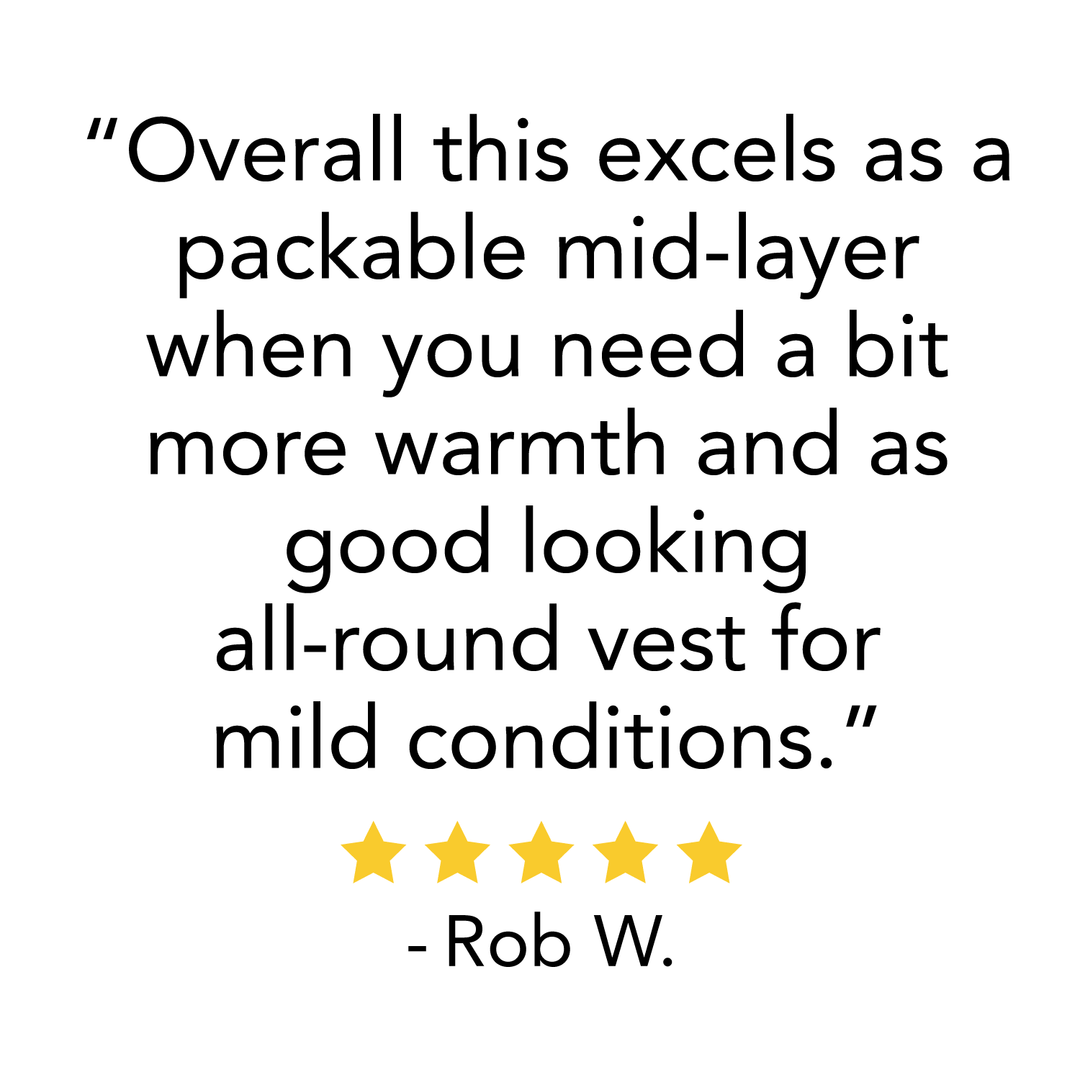 A five-star review reads, "Overall this excels as a packable mid-layer when you need a bit more warmth and as a good looking all-round vest for mild conditions." #color_granite-green