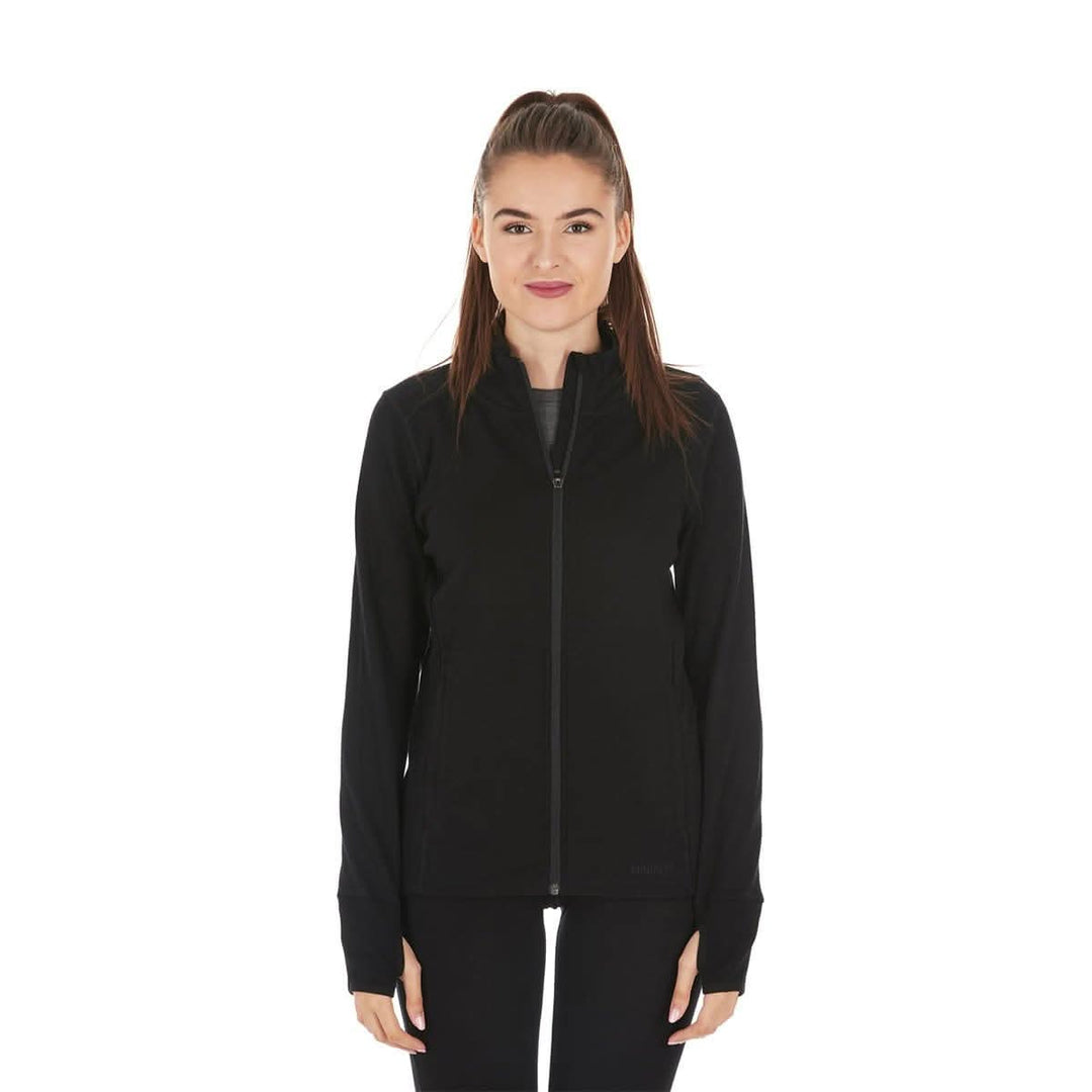 A woman models a hundred percent merino wool heavyweight full zip sweater. This outer layer features a two and a half inch mock neck collar, two zippered pockets, and thumbholes. #color_black