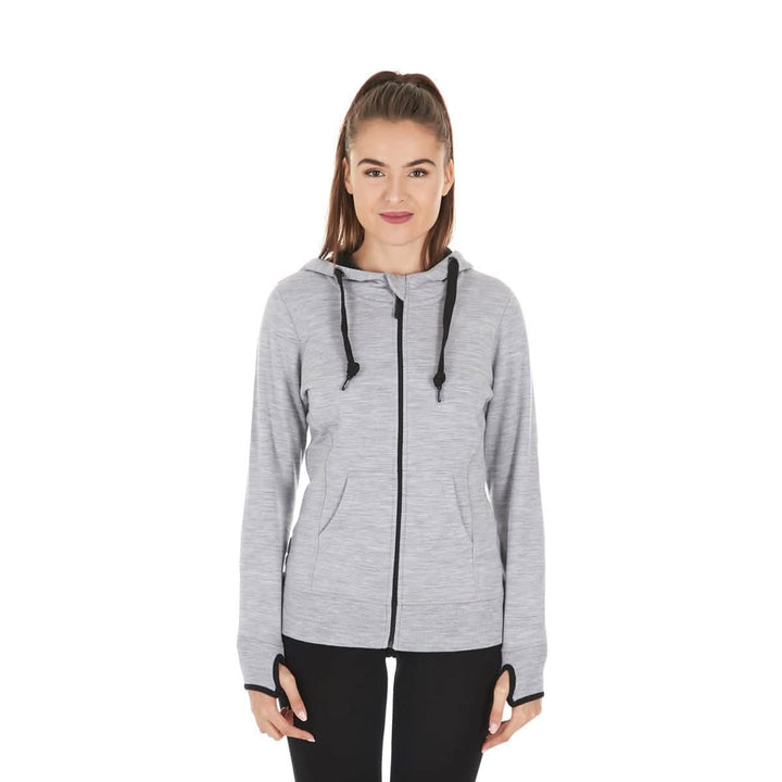 A woman models the heavyweight merino wool brushed fleece hoodie. The hoodie features a large hood with drawstrings, thumbholes, two pockets, and an interior stash pocket inside. #color_ash-gray