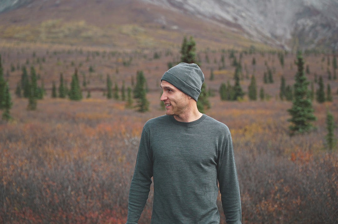 man wearing merino wool beanie and shirt during autumn weather
