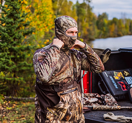 Man in all camo getting ready to go hunting
