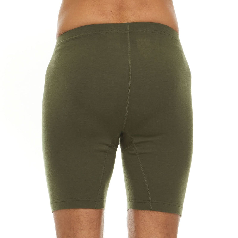 100% merino wool boxer briefs. Lightweight all season wool underwear, back close-up #color_olive-drab-green