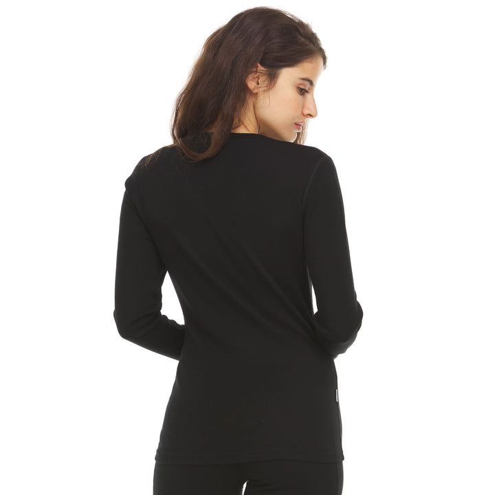Women's midweight merino wool long sleeve v neck midweight soft wool v neck sweater #color_black