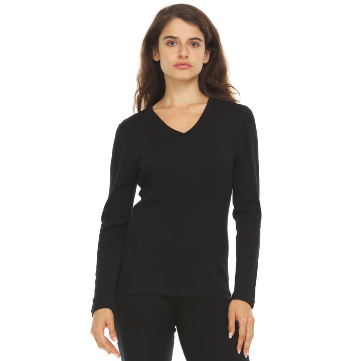 Women's midweight merino wool long sleeve v neck midweight soft wool v neck sweater #color_black
