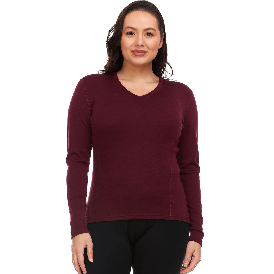 Women's midweight merino wool long sleeve v neck midweight soft wool v neck pull over sweater #color_burgundy