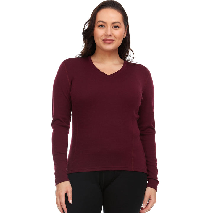 Women's midweight merino wool long sleeve v neck midweight soft wool v neck pull over sweater #color_burgundy