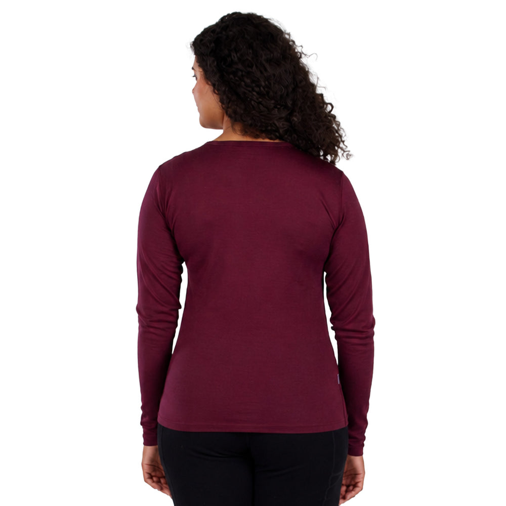 lightweight merino wool crew shirt base layer top in burgundy back #color_burgundy