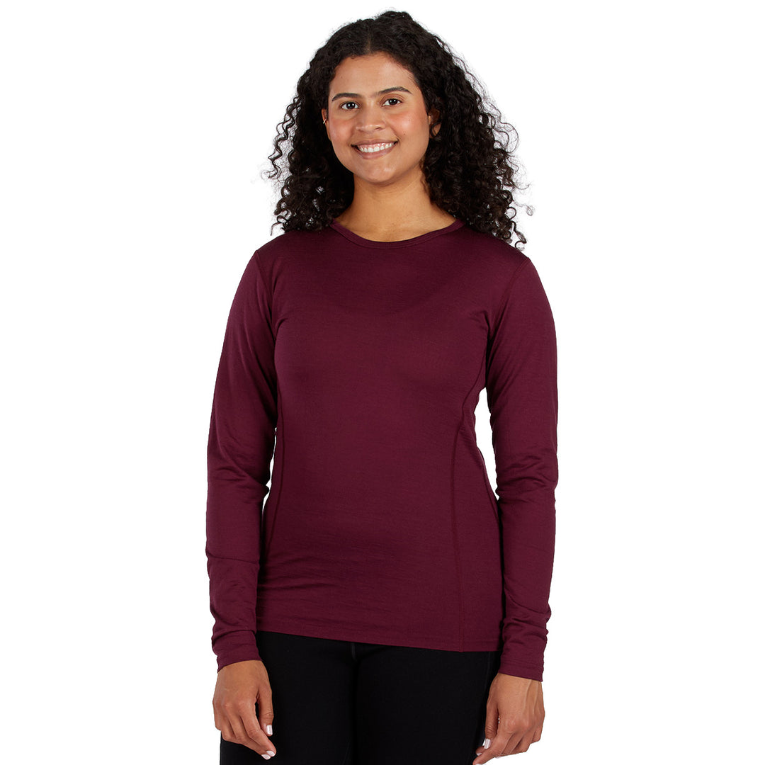 lightweight merino wool crew shirt base layer top in burgundy front #color_burgundy