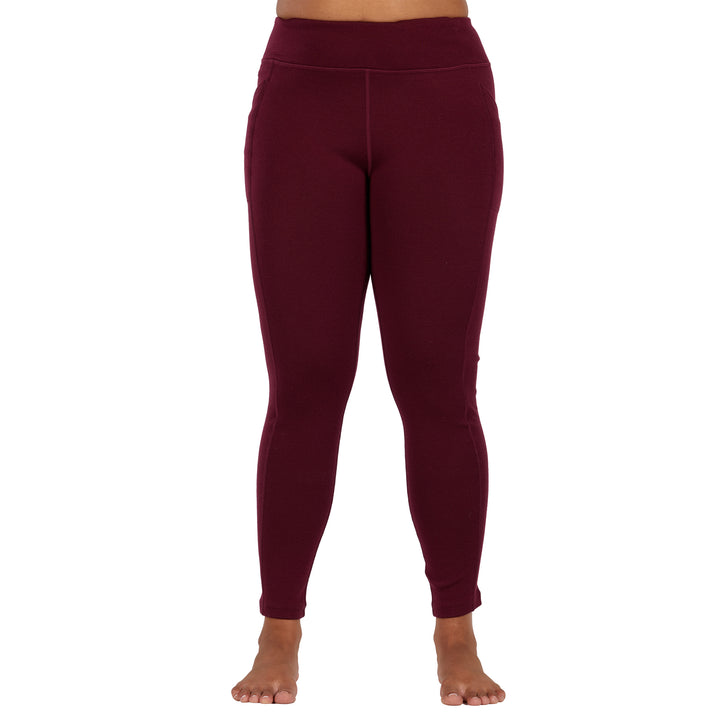 womens burgundy expedition weight leggings front profile with pockets 