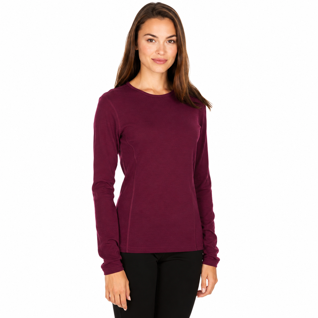 Women's lightweight long sleeve merino wool shirt women's wool base layer top lightweight merino wool crew top #color_burgundy