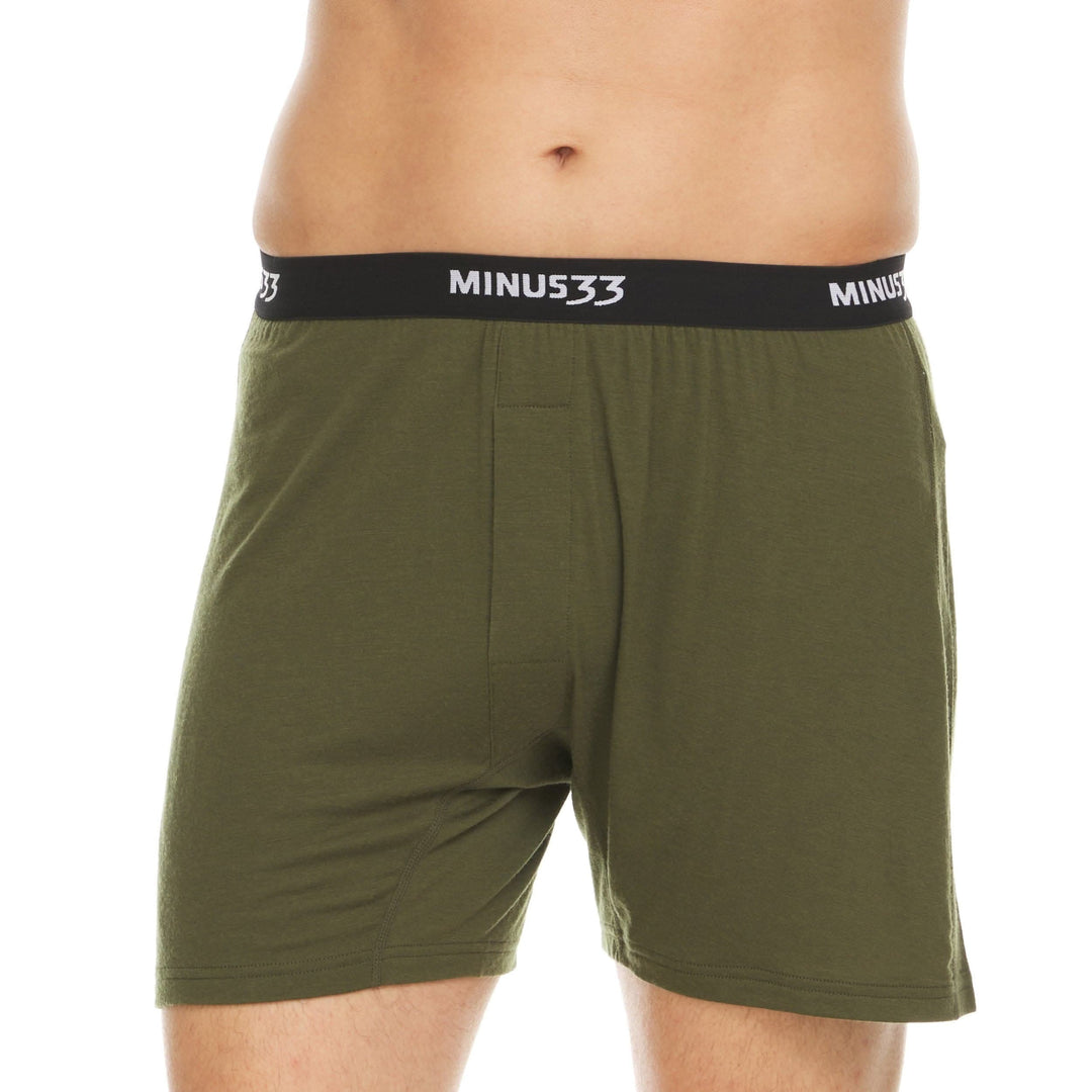 Minus33 Merino Wool Clothing Woolverino Men's Micro Weight Wool Boxer Shorts. The open style of the standard boxer combined with the moisture-wicking power of Merino Wool will help you stay cool and calm while you harness energy for your next adventure.#color_olive-drab-green