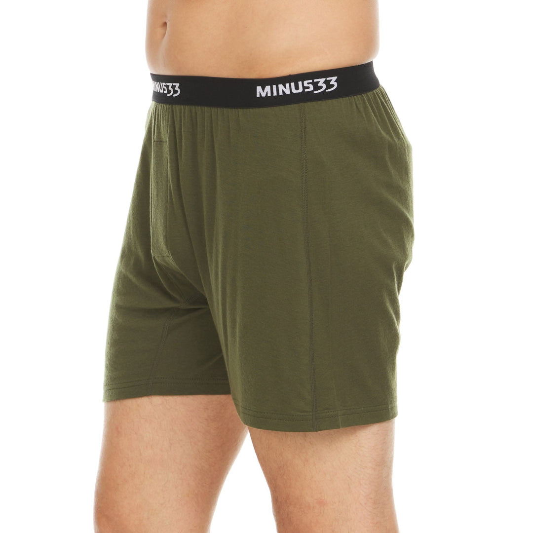 Minus33 Merino Wool Clothing Woolverino Men's Micro Weight Wool Boxer Shorts#color_olive-drab-green