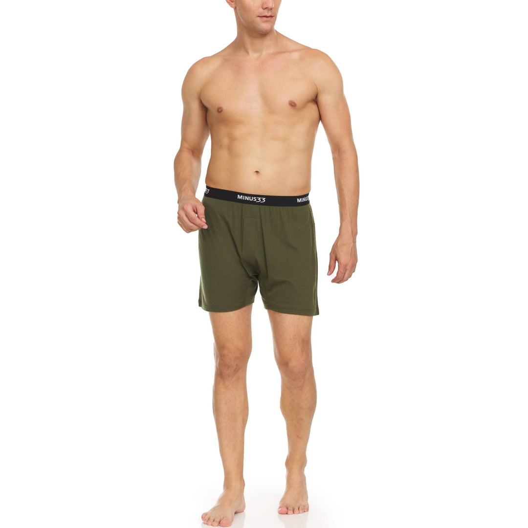 Minus33 Merino Wool Clothing Woolverino Men's Micro Weight Wool Boxer Shorts#color_olive-drab-green