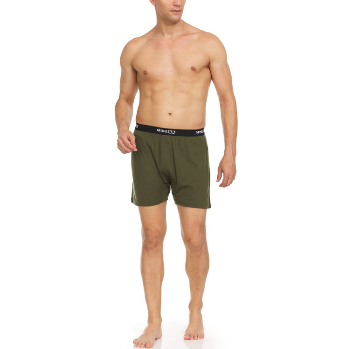 Minus33 Merino Wool Clothing Woolverino Men's Micro Weight Wool Boxer Shorts#color_olive-drab-green