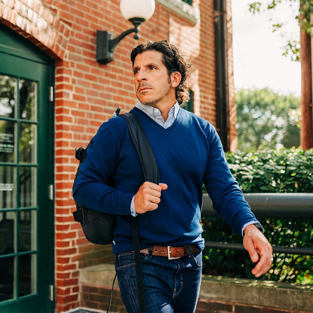 Midweight - Men's Long Sleeve V-Neck sweater 100% Merino Wool sweater pullover #color_navy