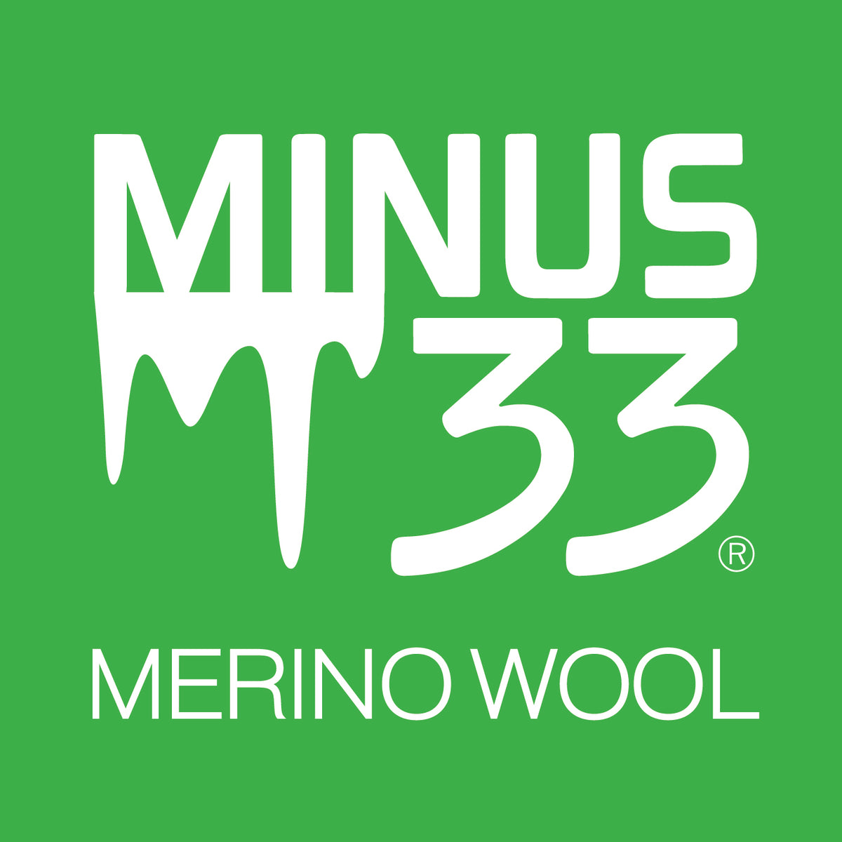 Minus33 Merino Wool logo displayed in white on a solid green square background.