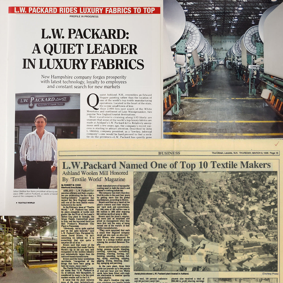 Collage of L.W. Packard newspaper clippings alongside a factory interior.