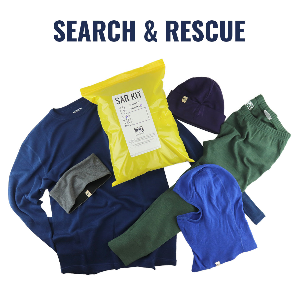 Search and rescue clothing kit with blue and green garments, knit hats, and a yellow SAR kit bag beneath a Search & Rescue heading on white.
