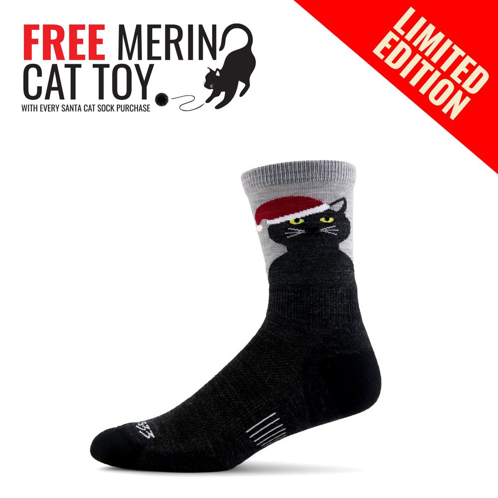 Merino wool socks with a black santa cat wearing a Santa hat