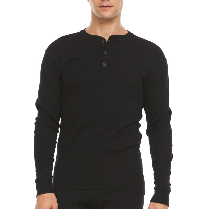 Midweight - Men's Long Sleeve Button Up 100% Merino Wool. Our best-selling Midweight fabric now as a long-sleeve henley. midlayer #color_black