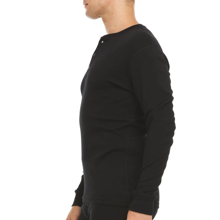 Midweight - Men's Long Sleeve Button Up 100% Merino Wool. Our best-selling Midweight fabric now as a long-sleeve henley. midlayer #color_black