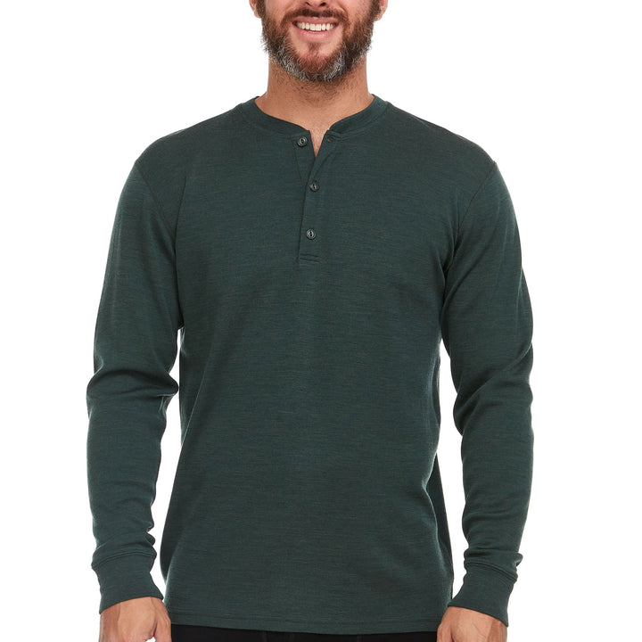 Midweight - Men's Long Sleeve Button Up 100% Merino Wool. Our best-selling Midweight fabric now as a long-sleeve henley. midlayer #color_forest-green