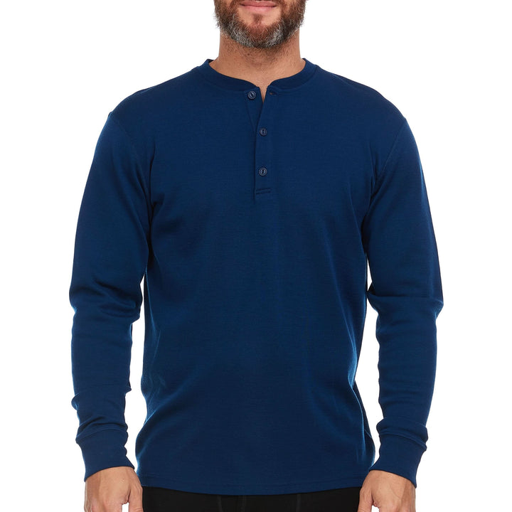 Midweight - Men's Long Sleeve Button Up 100% Merino Wool. Our best-selling Midweight fabric now as a long-sleeve henley. midlayer #color_navy