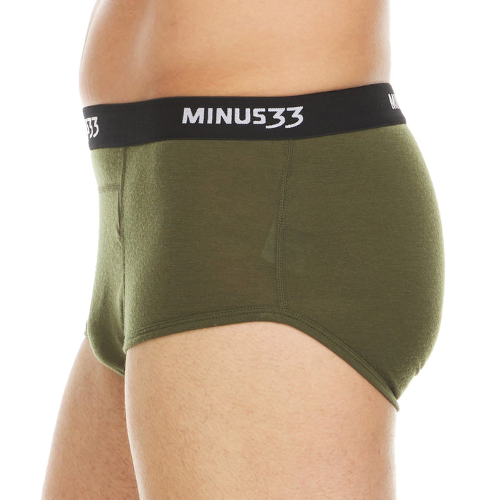 Minus33 Merino Wool Clothing Woolverino Men's Micro Weight Wool Brief#color_olive-drab-green