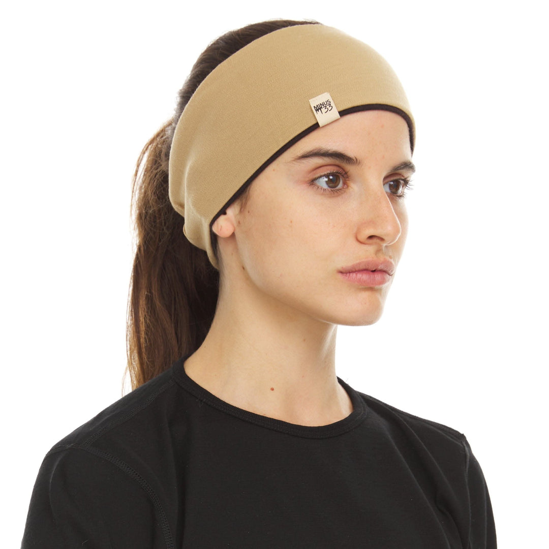 Minus33 Merino Wool Clothing Midweight Wool Reversible Headband#color_dark-brown-desert-sand