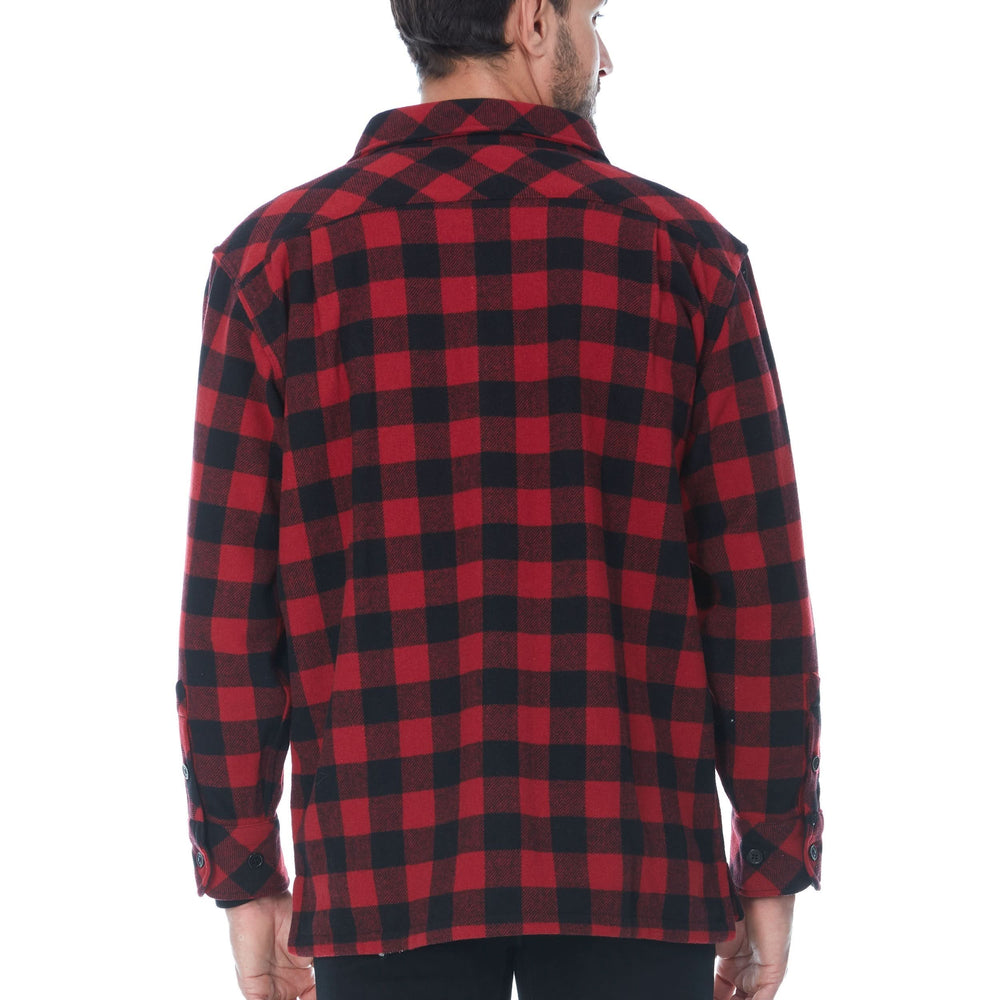 Side view of a red plaid White Mountain wool Sportsman Guide shirt jacket, showing the collar profile, chest pocket flap, button-front edge, long sleeve, side seam, and shirt-tail hem #color_red-plaid