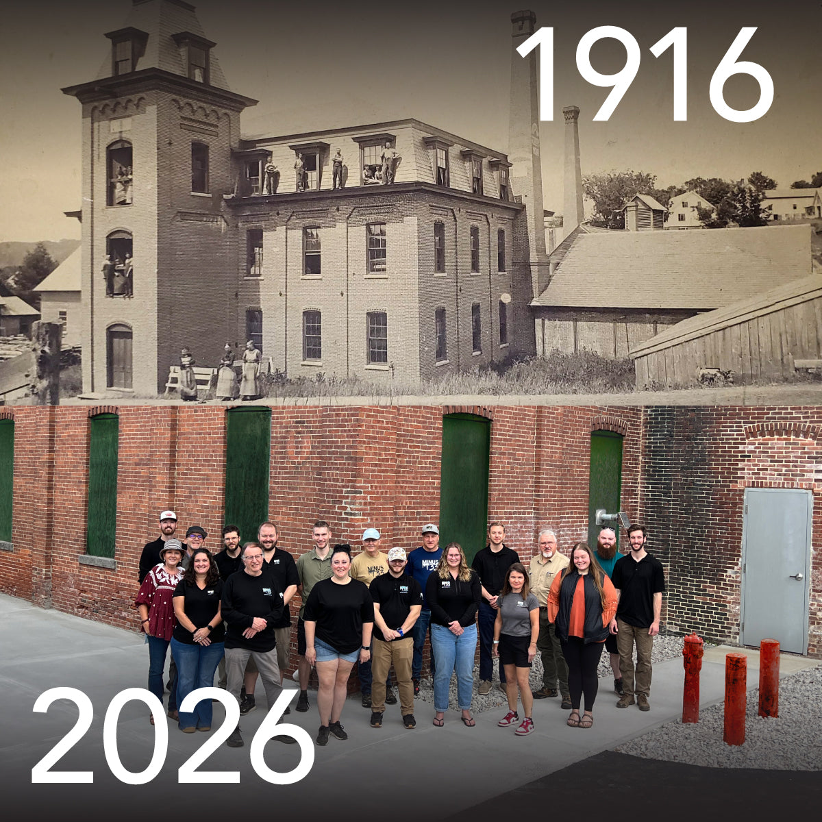 Split photo comparison of a historic mill building in 1916 and a 2026 staff group standing outside the restored brick building.
